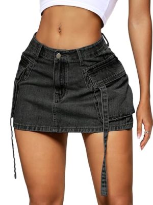 Womens Cargo Skirt Low Waist Button Denim Mini Skirt Summer Y2k Jean Skirt with Flap Pockets