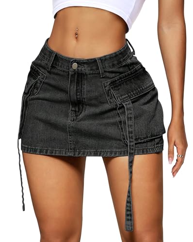 Womens Cargo Skirt Low Waist Button Denim Mini Skirt Summer Y2k Jean Skirt with Flap Pockets