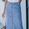 4113HHu3PuL.jpg Women's Casual Mid Rise Button Down Frayed Raw Hem Denim Jean Midi Skirt