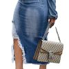 Women's Casual Slit Denim Midi Jean Skirt Stretch High Waisted Button Up Frayed with Pockets