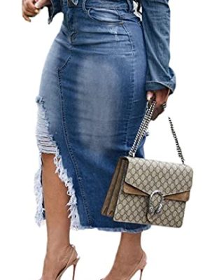 Women's Casual Slit Denim Midi Jean Skirt Stretch High Waisted Button Up Frayed with Pockets