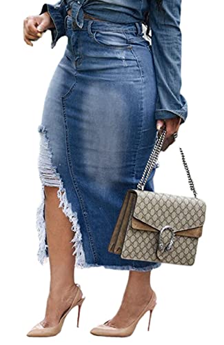 Women's Casual Slit Denim Midi Jean Skirt Stretch High Waisted Button Up Frayed with Pockets