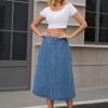Women's Denim Skirt Button Down Front Slit High Waisted Pockets A Line Midi Jean Skirts