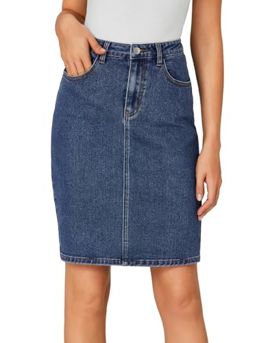 Women's Casual Stretch High Waist Bodycon Denim Jean Midi Skirt with Pockets