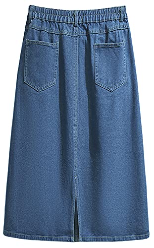 Women's Summer Casual Elastic Waist Pockets Work Midi Denim A Line Skirt