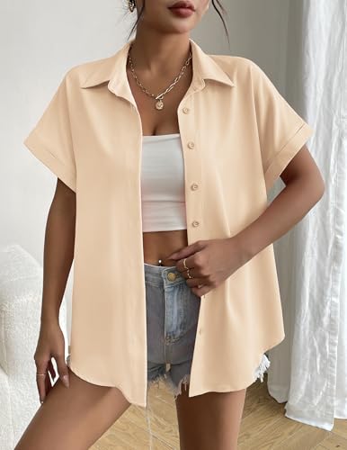 Short Sleeve Summer Tops for Women Casual Button Down Shirts Solid/Striped Business Work Blouses