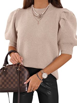 Women's Puff Short Sleeve Sweater Tops 2025 Summer Fall Trendy Knit Crew Neck Casual T Shirts Blouses