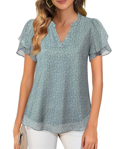 4138SehCxxL.jpg Womens Dressy Chiffon Blouses Summer Puff Petal Short Sleeve Shirts V Neck Casual Work Tops