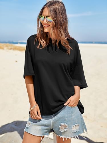 Womens Oversized Tshirts Summer Casual Short Sleeve Crew Neck T Shirt Loose Fit Side Slit Tee Tops