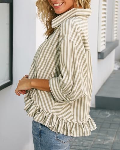 Womens Summer Tops Dressy Casual Blouse Top Ruffled Short Sleeve Button Down Striped Shirt
