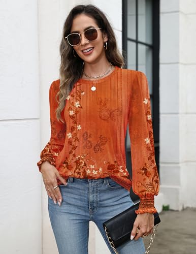 Womens Tops Puff Long Sleeve Shirts Dressy Casual Crew Neck Pleated Summer Fall Work Blouses S-3XL