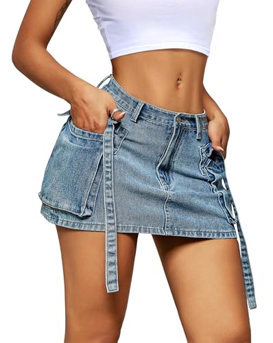 Womens Cargo Skirt Low Waist Button Denim Mini Skirt Summer Y2k Jean Skirt with Flap Pockets