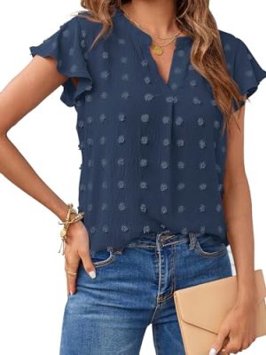 Women 2025 Summer V Neck Ruffle Short Sleeve Blouse Swiss Dot Flowy Shirt Tunic Top