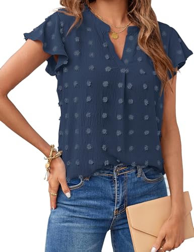 Women 2025 Summer V Neck Ruffle Short Sleeve Blouse Swiss Dot Flowy Shirt Tunic Top