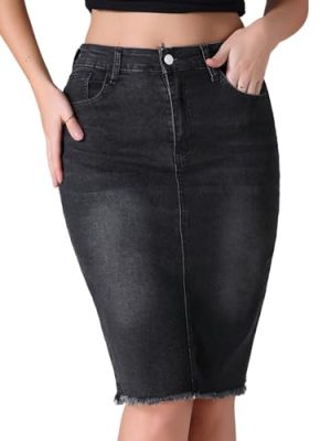 Women's Denim Skirt High Waist Raw Hem Pockets Stretch Bodycon Pencil Skirt Knee Length Jean Skirts