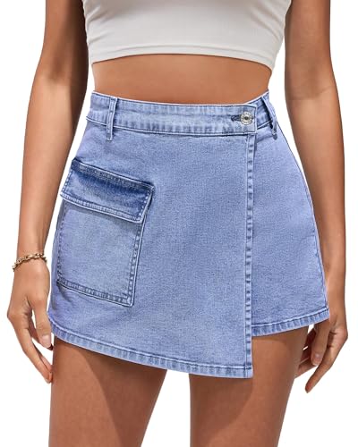 Denim Skorts for Woman Cargo Faux Wrap Jean Skort Skirts Stretchy High Waisted Skirt Shorts Country Concert Wear