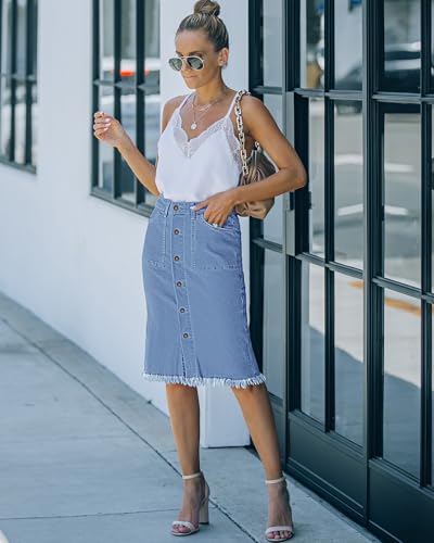 415CMUHpdNL.jpg Women's Casual Mid Rise Button Down Frayed Raw Hem Denim Jean Midi Skirt