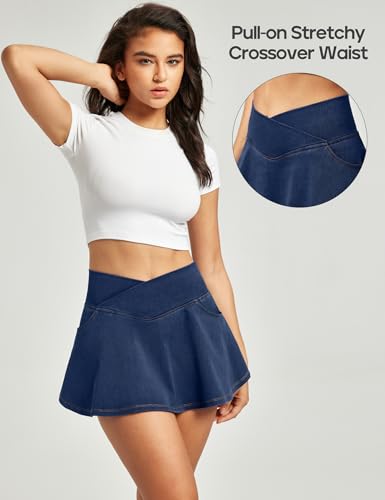 Stretchy Denim Skort V-Waist Jean Skort with Pockets High Waisted Mini Jean Skirt with Shorts Underneath