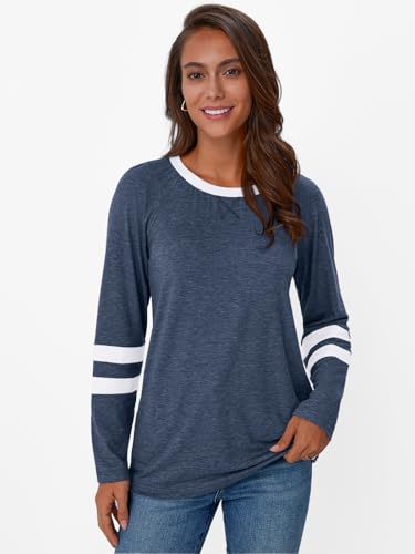 Womens Long Sleeve Shirts Color Block Casual Crewneck Tops Tshirt Basic Tee Fall Fashion Clothes Trendy Outfits