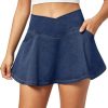 Stretchy Denim Skort V-Waist Jean Skort with Pockets High Waisted Mini Jean Skirt with Shorts Underneath