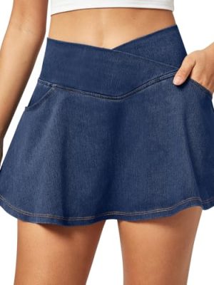 Stretchy Denim Skort V-Waist Jean Skort with Pockets High Waisted Mini Jean Skirt with Shorts Underneath