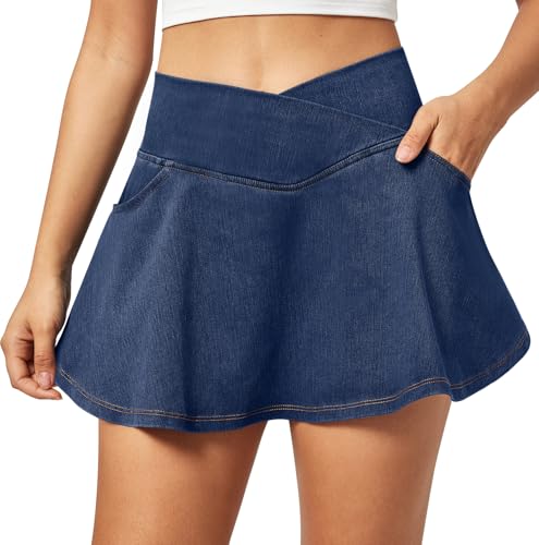 Stretchy Denim Skort V-Waist Jean Skort with Pockets High Waisted Mini Jean Skirt with Shorts Underneath