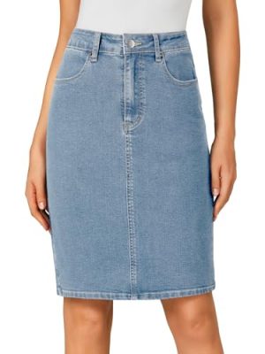 Women's Casual Stretch High Waist Back Slit Denim Jean Knee Length Skirt