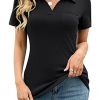 415QDeNIf8L.jpg Womens V Neck Polo Shirts Short Sleeve Collared Tops Loose Casual Tunic Blouses with Pocket