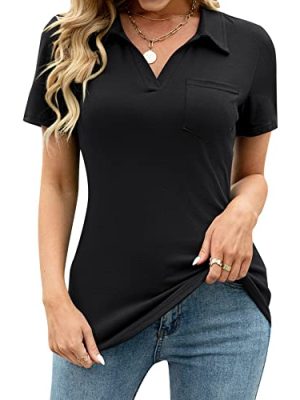 Womens V Neck Polo Shirts Short Sleeve Collared Tops Loose Casual Tunic Blouses with Pocket