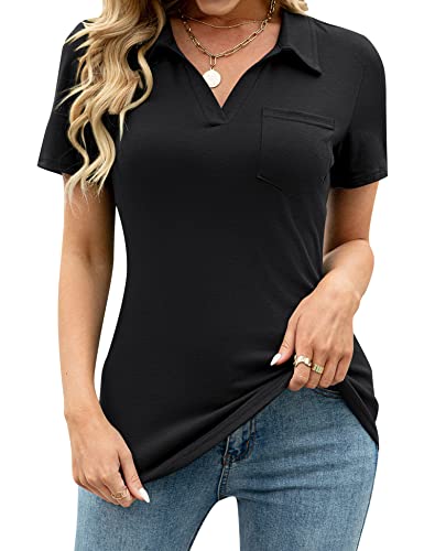 415QDeNIf8L.jpg Womens V Neck Polo Shirts Short Sleeve Collared Tops Loose Casual Tunic Blouses with Pocket
