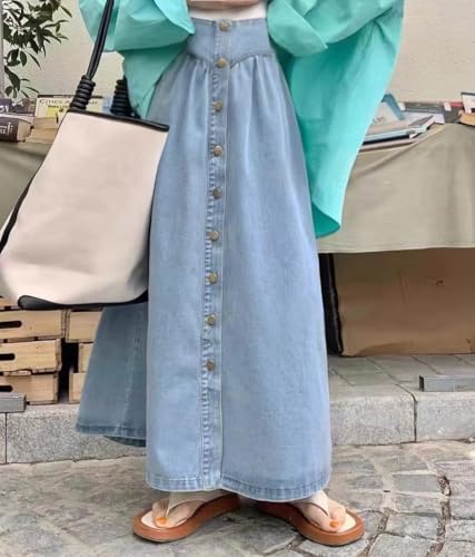 Women's High Waist Long Denim Skirt Button Down Swing A-Line Jean Maxi Skirt with Pockets