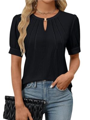Womens Dressy Casual Tops Keyhole Business Work Blouses Pleated Puff Sleeve Summer Shirts