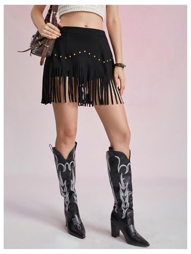 Women's Suede Fringe Sexy Cowgirl Skirts Country Concert Outfit Western High Waisted Skirt