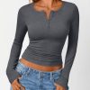 Womens Long Sleeve Shirts 2025 Henley Casual Fall Outfits Fitted Cotton Tops Ribbed Fashion Cute Basic Tees