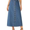 Women's Casual Button Down High Waisted A Line Jean Midi Long Denim Skirt with Pockets
