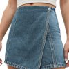 Womens Denim Skorts High Waisted Casual Summer Asymmetrical Hem Stretchy Criss Cross Jean Skirt Shorts
