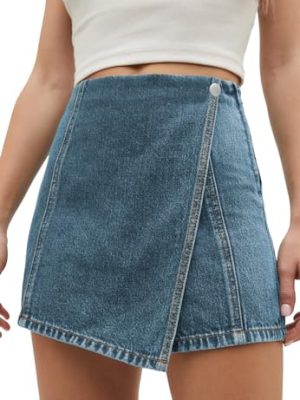 Womens Denim Skorts High Waisted Casual Summer Asymmetrical Hem Stretchy Criss Cross Jean Skirt Shorts