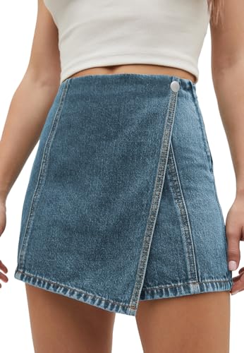 416fCtp-1DL.jpg Womens Denim Skorts High Waisted Casual Summer Asymmetrical Hem Stretchy Criss Cross Jean Skirt Shorts