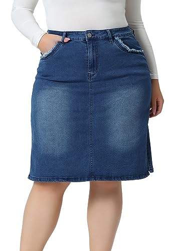 Plus Size Denim Skirts for Women Classic Stretch Elastic Waist Side Split A Line Jean Skirt