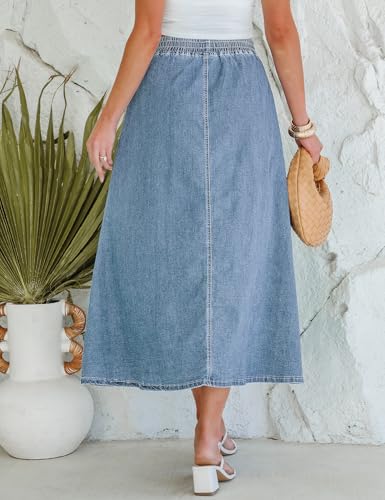 Denim Skirts for Women Trendy A Line Long Maxi Pull On Elastic Waist Drawstring Stretchy Jean Skirt with Pockets