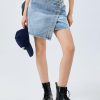 Womens Jean Skirts Casual Wrap Button Asymmetrical Hem Summer Denim Mini Skirt