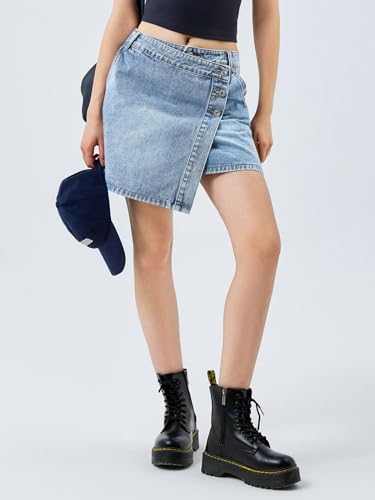 Womens Jean Skirts Casual Wrap Button Asymmetrical Hem Summer Denim Mini Skirt
