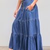 Women??s Long Jean Denim Tiered Button Down High Waisted Maxi Skirts