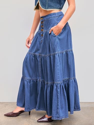 Women??s Long Jean Denim Tiered Button Down High Waisted Maxi Skirts