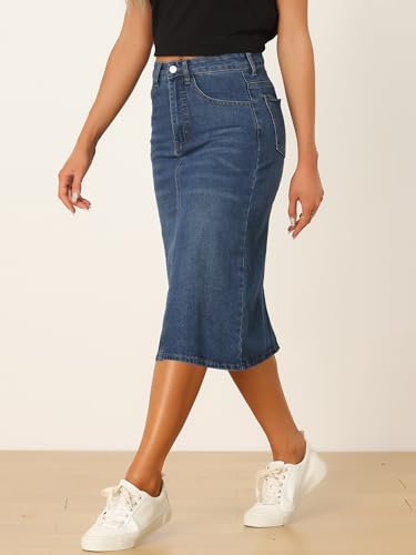 Casual Denim Skirt for Women's High Waist Split Back Pockets Midi Jean Skirts