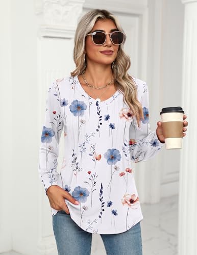 4192znNUynL.jpg Women's Puff Long Sleeve Shirts Pleated V Neck Fall Tunic Tops Blouse Dressy Casual Loose Summer T-Shirts