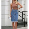 Jean Skirts for Women Button Down Distressed Raw Hem Casual Summer Stretchy Knee Length Denim Skirt with Pockets