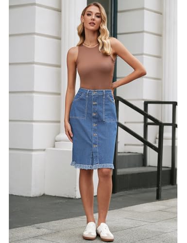 Jean Skirts for Women Button Down Distressed Raw Hem Casual Summer Stretchy Knee Length Denim Skirt with Pockets