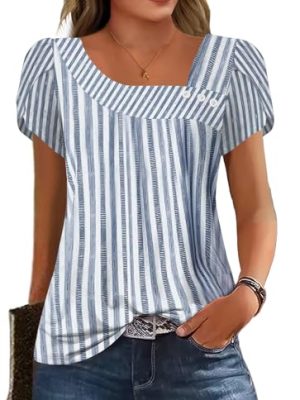 Womens Petal Sleeve Tops Summer Trendy T Shirt Casual Loose Square Neck Button Blouse Tees