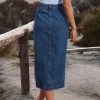 Women's Casual Slit Denim Midi Jean Skirt Stretch High Waisted Button Up Frayed with Pockets